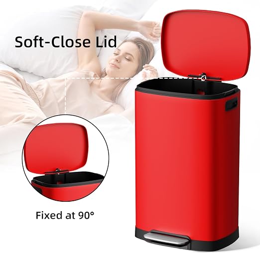KUK 13 Gallon Kitchen Trash Can with Lid, 50L/13Gal Office Step Garbage Can for Home, Kitchen, Laundry Room, Office, Brushed Stainless Steel, Red