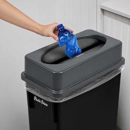 PLASTIC PRINCE 23 Gallon Slim Trash Can with Swing Lid Commercial Rectangular Garbage Can with Drop Shot Lid Waste Bin with Double Flip Top for Restaurant Home Kitchen Office, Black/Gray 2 Pack
