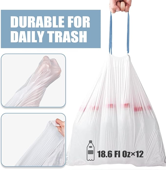 Drawstring 8 Gallon Trash Bags - Tear-Free Medium Trash Bags, Unscented 8 Gal Garbage Bags, 45 Count