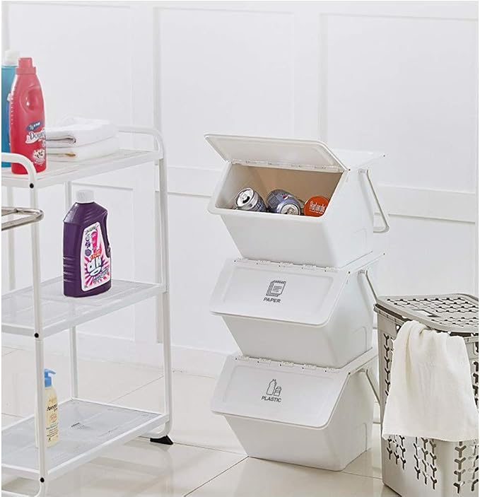 Daily Stackable Organizer Stores Recycling Bin Container with Lid, Handle, Recycle Sticker Trash Bin Label, Tools and Toys, Handy Recycler, 3 Pack of Bins White