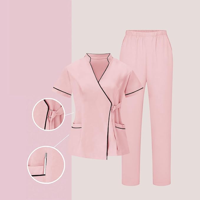 Housekeeping Uniforms for Women Hotel Cleaning Nurse Scrub Sets Stretch Wrap V-Neck Short Sleeve Top and Pants