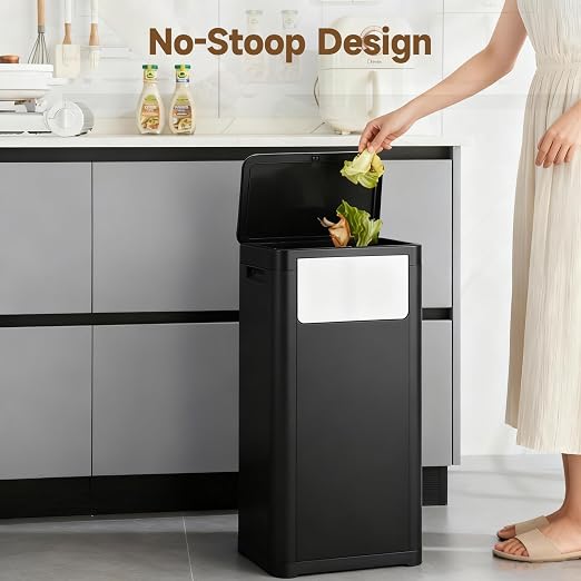 Tall Kitchen Trash Can with Lid,Narrow 8 Gallon Commercial Trash Cans with Handle,Space Saving Dog Proof Trash Can with Press Top Lid, Black Food Waste Bin for Kitchen, Office, Living Room, Dorm