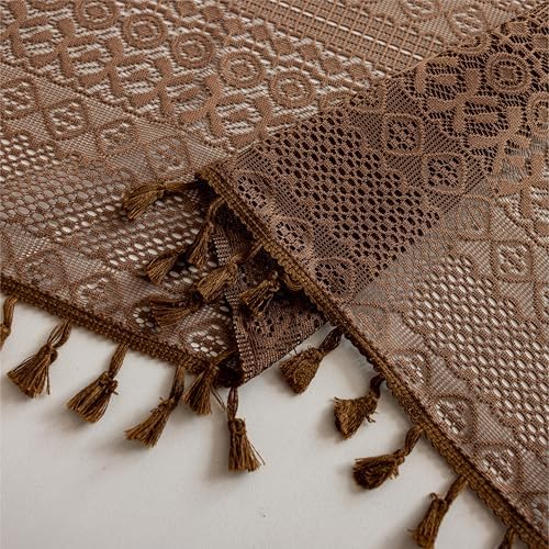 Sutuo Home Dark Coffee Lace Boho Curtains for Kitchen Nursery, Crochet Semi Sheer Macrame Bohemian Cottage Farmhouse Fringes Vintage Chic Window Treatment Drapes, Rod Pocket 1 Panel 59" W x 63" L