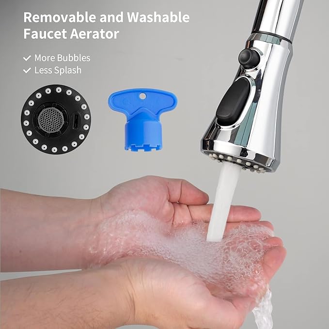 Hibbent Pull Down Spray Head for Kitchen Faucet, 3-Function Spray Nozzle | NSF/ANSI/CAN 61/372 & cUPC Certified Sink Faucet Head Replacement, 15 Adapters, Compatible with Moen, Delta, Kohler, Chrome