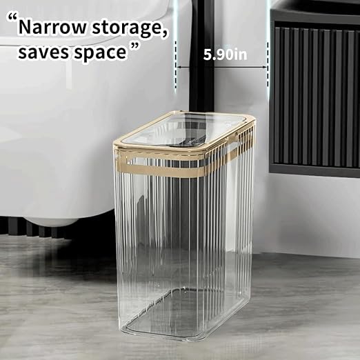 Bathroom Trash Can with Lid3.5 Gallon Garbage Can，for Bedroom, Office, Plastic Slim Waste Basket with Press Top Lid, 15l Clear Trash Bin for Home Slim Trash Bin Clear, Kitchen(Transparent)