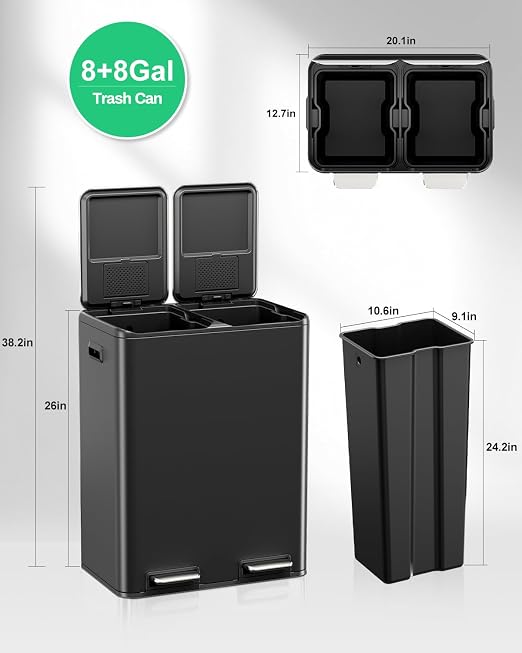 TLSUNNY 2 X 8 Gallon Double Compartments Kitchen Trash Can, Stainless Steel | Dual Trash and Recycling Bins with Odor Control, Soft-Close Lid, Removable Inner Bucket, Handle, Pedal, for Home, Black