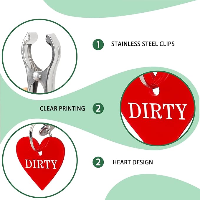 8 PCS Laundry Basket Labels Clean & Dirty Signs Laundry Room Organization Signs Red and Green Stainless Steel Clips Laundry Tags for Inside The Dishwasher Tips for Kids Rooms Bathrooms Laundry Room