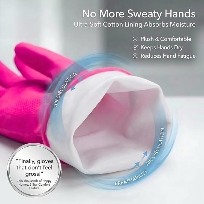 ForPro Natural Rubber Gloves, 6 Pairs Reusable Multi-Purpose Household Cleaning Gloves with Soft Inner Lining, Waterproof & Chemical-Resistant, Cotton Candy, X-Large