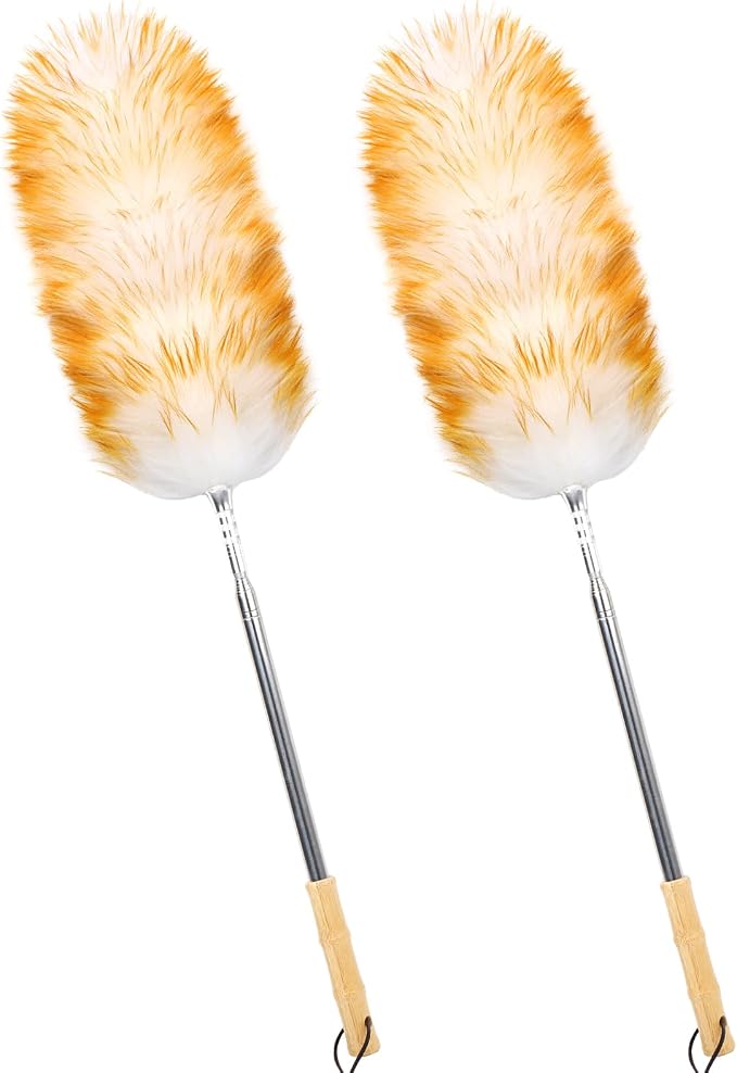 Lambswool Duster for Cleaning with Solid Wooden Handle Leather Hang Strap 87.8" Removable Retractable Feather Duster for Cleaning Ceiling Fans Window Blinds Interior Roof Furniture(2 Pack)