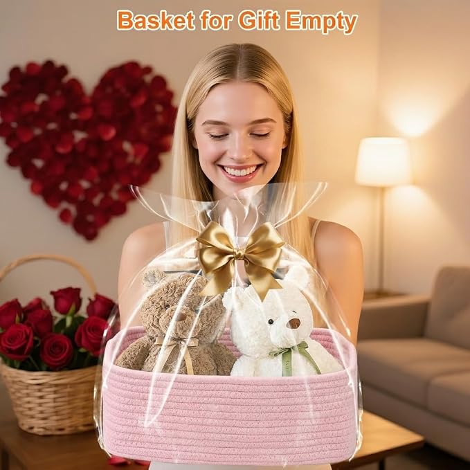 3Pack Small Woven Storage Baskets for Shelves Organizing | Cotton Rope Closet Organizer Bins, Basket for Gifts Empty, Nursery, Living room, Dog Toy Basket 13.2x8.2x5.2 in, Pink