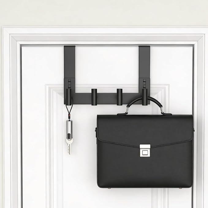 PMMASTO Door Hanger for 1-3/4 Inch Doors, Black- 4 Hooks, T Shape | Stainless Steel Door Hooks Organize Coats Towels Robes in Bathrooms Bedrooms Closets