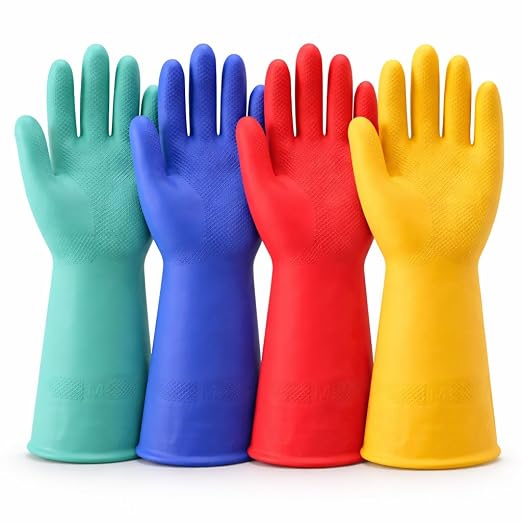 LADWA 4 Pairs Non-Slip Household Cleaning Reusable Dishwashing Gloves for Kitchen Washing Dishes Bathroom Gardening & Home Tasks Flexible Long-lasting & Waterproof Gloves Perfect for Woman Men (Multi)