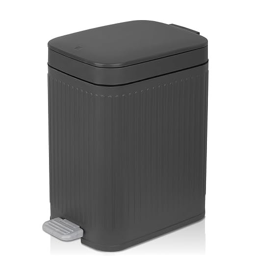 Small Bathroom Trash Can with Lid, 1.9 Gallon Slim Soft Close Step, Gray | Garbage Can with Pedal for Office, Bedroom, Kitchen & Living Room, Narrow Plastic Wastebasket Container for Small Spaces