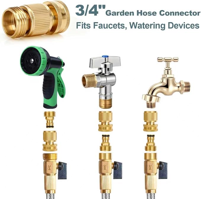 2 Set Garden Hose Quick Connect, Solid Brass 3/4 Inch GHT Hose Connector | Heavy Duty Male & Female Quick Connect Hose Fittings, No-Leak, Easy Connect for Garden Hose & Pressure Washer