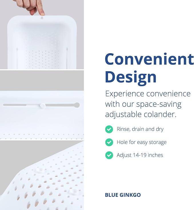 Blue Ginkgo Over Sink Colander, Extendable Kitchen Strainer, White | Fits Most Sinks. Rinse, Drain and Dry with Ease.