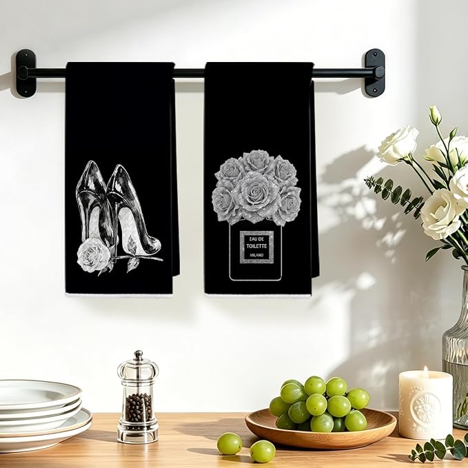 2 Pcs Black and White Hand Towels 24x14 Inch, Preppy Girly Bathroom Decor | Trendy Perfume High Heel Shoes Decorative Hand Towels for Vanity Power Room Washroom Restroom