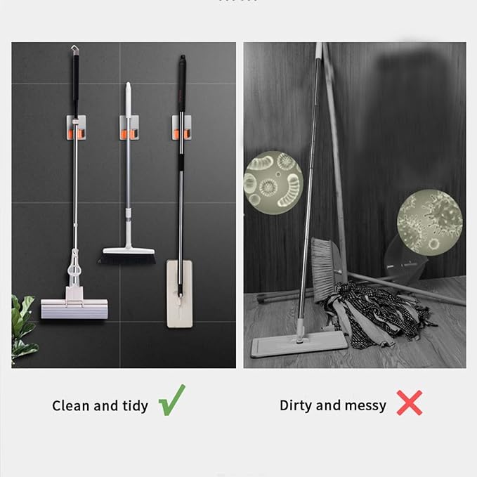 Broom Holder Wall Mount, 2 Pack Orange Stainless Steel Mop and Broom Organizer, Heavy Duty 15 Lbs Self Adhesive Tool Hanger, No Drill V-Shape Broom Hooks for Garage, Kitchen, Bathroom