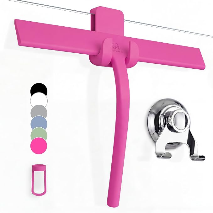 Silicone Shower Squeegee with 3-in-1 No-Drill Mount, Pink, 11'' | Squeegee for Glass Doors & Mirrors with Stainless Steel Core, Streak-Free & No-Squeak Window Cleaning, Hook/Suction/Adhesive