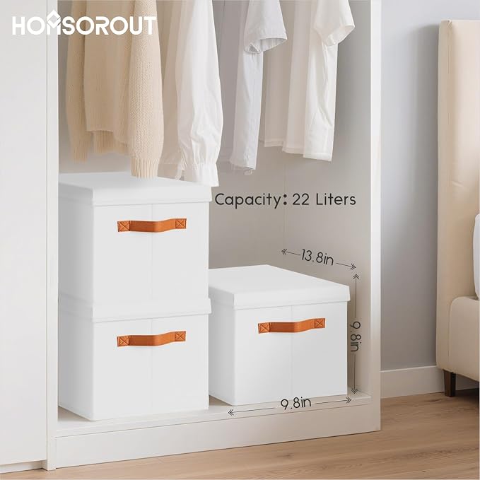 Storage Bins with Lids - Fabric Storage Baskets for Shelves, 8 Pack Foldable Decorative Boxes with Handles, Stackable Organizer Bins for Home, Nursery, Dorm, White