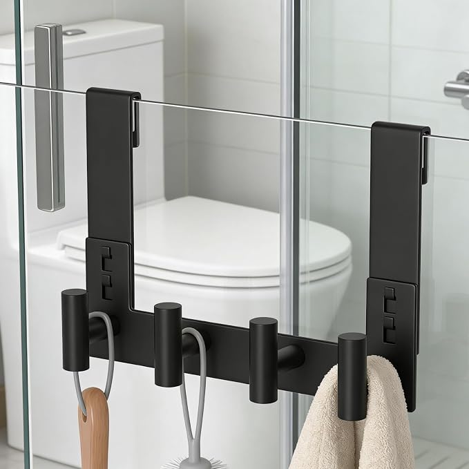 PMMASTO Black Extra-Long Shower Door Hanger, 4 T-Hooks, Fits 3/8-Inch Glass | Extra-Long Heavy-Duty Stainless Steel, 4 T-Shaped Hooks, for Bathrobes and Towels on Frameless Glass Shower Doors