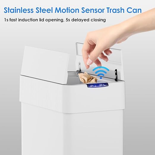 TLSUNNY 16 Gallon Automatic Trash Can, Motion Sensor Garbage bin | Stainless Steel Smart Trash Can W/ Butterfly Lid, Bag Retainer Ring for Living Room, Kitchen, Office (White, 60L)