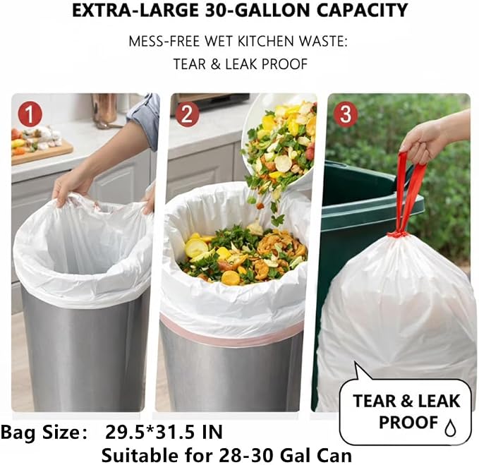 30 Gallon Trash Bags Drawstring Floral Scent 30 Gal Strong Garbage Bag 70ct | Large Drawstrings Trash Bags Heavy Duty, Break Resistant Closure, Resists Leaks, Punctures Tears Party Cleanup Donations