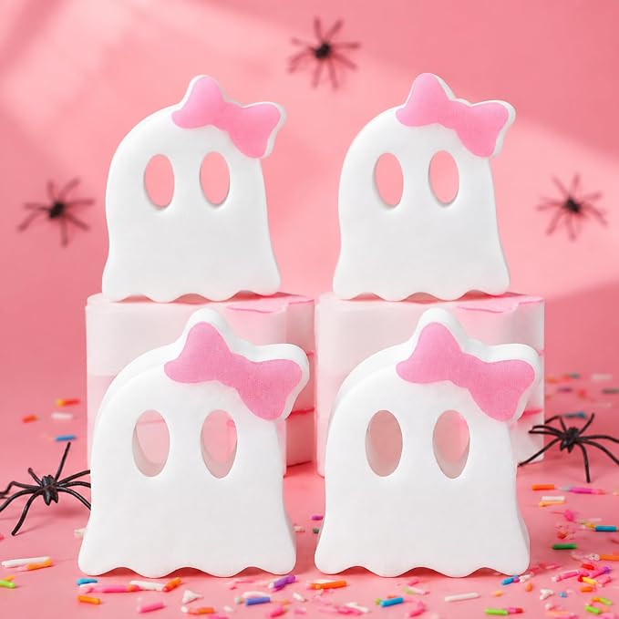 Tioncy 12 Pack Halloween Ghost Kitchen Sponges, White, Pink | Dual Sided Scrubber, Gothic Halloween Decor, Reusable Non Scratch Dishwashing, for Cookware Pot Boiler Pan Household
