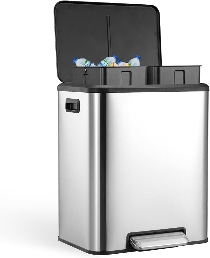 IDEALHOUSE 2 x 4 Gal (2 x 15L) Kitchen Dual Trash Can, 30 Liter Stainless Steel Recycling Bin, Removable Inner Bin and Soft Close Lid, Garbage Can for Home, Office, Business - Silver