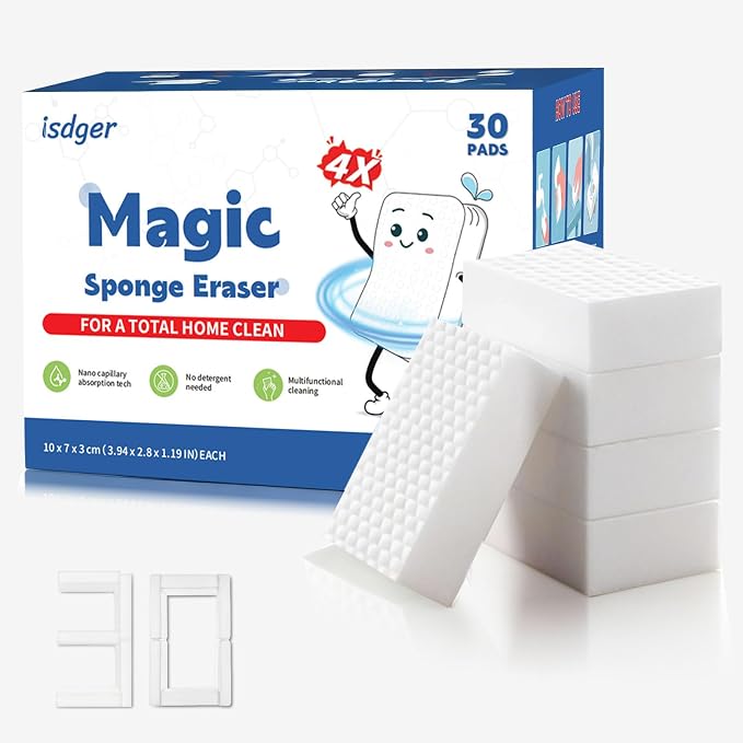 Magic Sponge Eraser, 30 Pack 4X Density Melamine Sponge | GRS Certified, Extra Durable & Long Lasting Cleaning Sponge, Stovetop Cooktop Cleaner Sponge for Kitchen Glass Marble