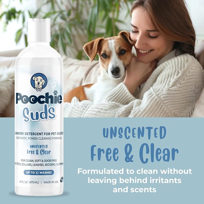 Poochie Suds Pet Laundry Detergent, Enzyme Cleaner and Odor Remover, Hypoallergenic and Fragrance-Free Pet Safe Detergent for Dog and Cat Bedding, Blankets, Toys and Gear, Made in USA, 32 fl oz