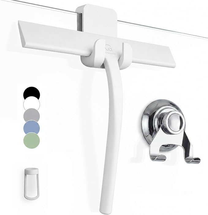 Silicone Shower Squeegee with 3-in-1 No-Drill Mount, White, 9'' | Squeegee for Glass Doors & Mirrors with Stainless Steel Core, Streak-Free & No-Squeak Window Cleaning, Hook/Suction/Adhesive