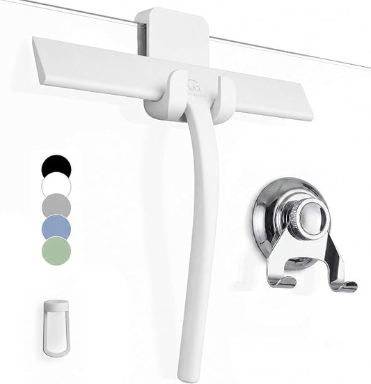 Silicone Shower Squeegee with 3-in-1 No-Drill Mount, White, 9'' | Squeegee for Glass Doors & Mirrors with Stainless Steel Core, Streak-Free & No-Squeak Window Cleaning, Hook/Suction/Adhesive