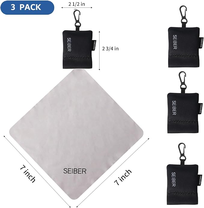 SEIBER Microfiber Eyeglass Cleaning Cloth with Pouch Keychain, 3PCS, Black | For Glasses,Cameras,Screen, Self-Closing Bottom,Ultra-Soft, Scratch-Free,Streak-Free, Lint-Free,Reusable and washable