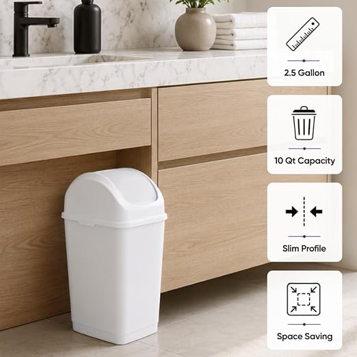 Superio Small 2.5 Gallon Plastic Trash Can with Swing Top Lid, Compact Slim Waste Bin for Under Desk, Office, Bedroom, Bathroom, Dorm Room, 10 Qt. Portable Garbage Can (White)