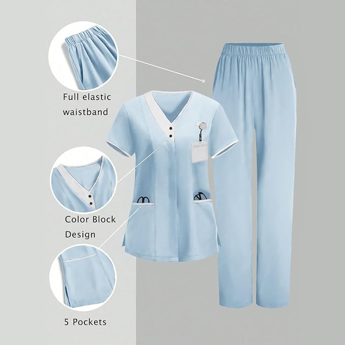 2026 Scrub for Cleaning Jobs Uniform, Multi Pockets Scrubs for Women Sets, V-Neck Top & Straight Leg Pants Scrubs Set