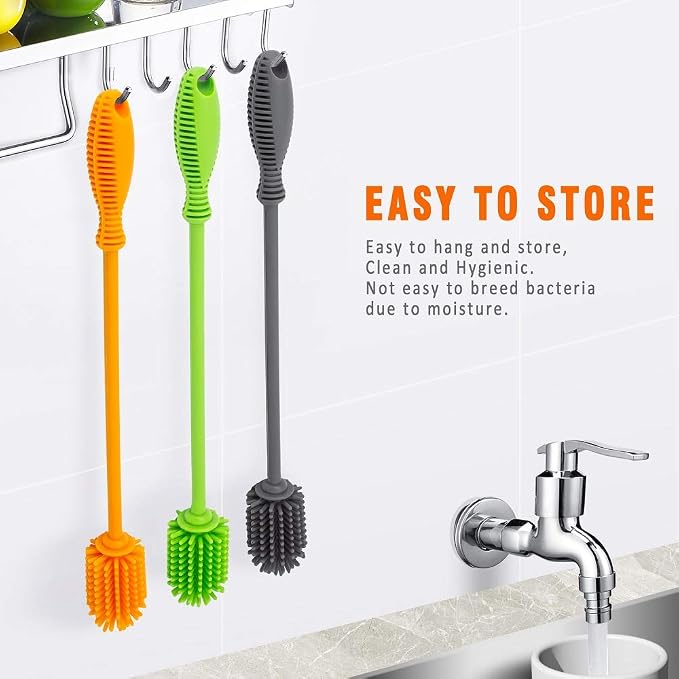 Silicone Bottle Brush with Long Handle, 12.5" Bottle Cleaning Brush, Orange | Water Bottle Cleaner for Baby Bottles, Hydro Flask, Sports Bottle, Vase, Glassware, for Smaller Diameter Bottle Openings
