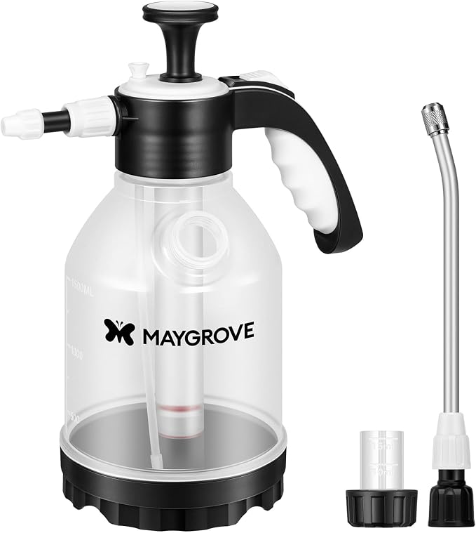 MAYGROVE 50oz Pump Sprayer, Hand Water Spray Bottle | Clear Plant Sprayer with Side Filling Port, Measuring Cup, Adjustable Nozzles, Safe Pressure Relief Valve for Indoor Plant