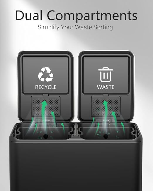 TLSUNNY 2 X 8 Gallon Double Compartments Kitchen Trash Can, Stainless Steel | Dual Trash and Recycling Bins with Odor Control, Soft-Close Lid, Removable Inner Bucket, Handle, Pedal, for Home, Black