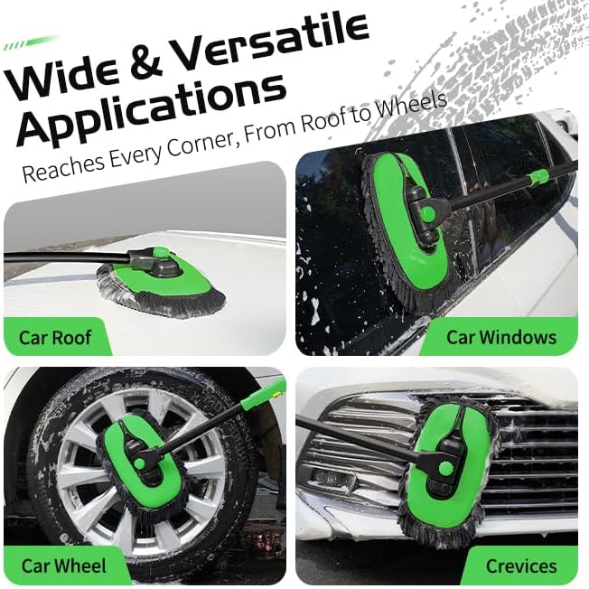 HIPPIH 15° Curved Car Wash Brush with Long Handle, 2 Scratch-Free Mop Heads | 43" Microfiber Car Cleaning Brush with Extension Pole, Exterior Car Wash Supply Kit for Roof RV Truck Camper SUV Caravan Boat