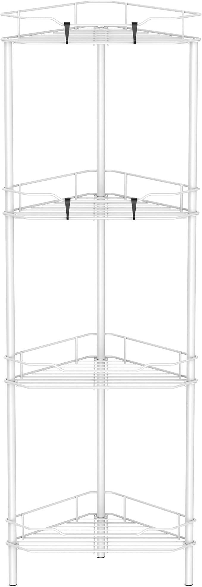 HuggieGems Metal Floor Standing Corner Shower Caddy, White, 4 Tier | Adhesive Bathroom Organizer Shelves, Free Standing Shower Rack with Hooks, Hold Large Shampoo Bottles