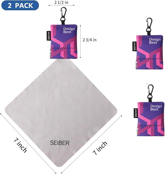 SEIBER Microfiber Eyeglass Cleaning Cloth, with Neoprene Pouch,2PCS, Purple | 7x7 inch Cloth For Sunglasses, Laptops, Cameras, Screen, Self-Closing Bottom