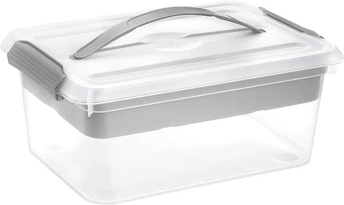 Yesland Portable Craft Storage Box with Removable Tray and Handle, 16x11x6.5 Inch Plastic Art Supply Organizer Container for Stationery, Sewing, Jewelry - Grey