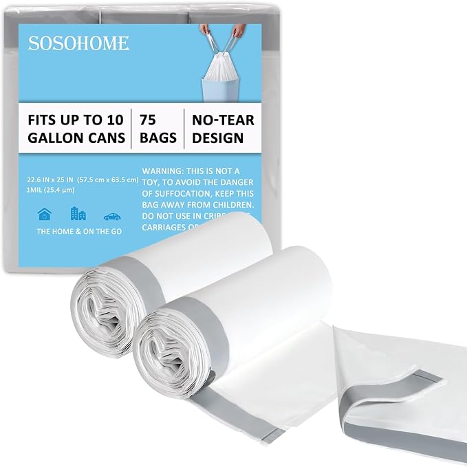 10 Gallon Trash Bags Drawstring, 1 Mil Thick White 75 Count | Garbage Bag for Office Kitchen