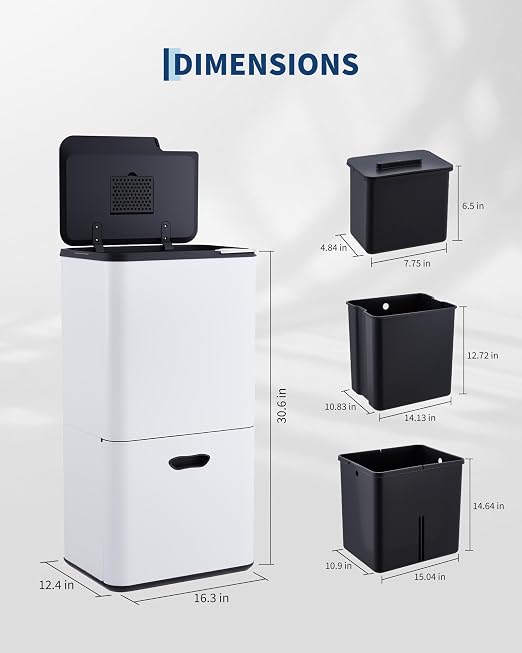 Garvee Dual Trash Can for Kitchen, 2 Compartment (33L + 28L) Garbage Can | Stainless Steel Trash and Recycle Bin Combo, with Compost Bin, Removable Inner Bucket, Odor Control, White