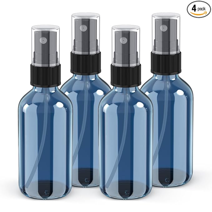 2 oz Mini Glass Spray Bottles, Empty Small Spray Bottles with Funnel Dropper, Fine Mist for Hair, Travel, Plants, Cleaning Solutions and Skin Care (4 Pack Indigo Blue)