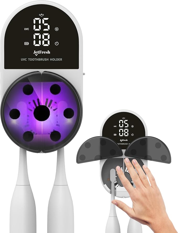 Jetfresh UV Toothbrush Sanitizer and Holder with Fan Drying | Wall Mounted UV-C Toothbrush Cleaner | Tooth Brush Sanitizer Holder Auto Shut-Off, USB Rechargeable, Fits All Brushes.