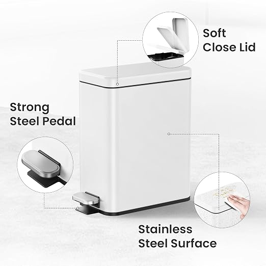 Cesun 2.6 Gallons Small Bathroom Trash Can with Lid Soft Close, White | Removable Inner Bucket, Small Stainless Steel Garbage Can for Bedroom/Office, Hands-Free Step Pedal, Fingerprint-Resistant