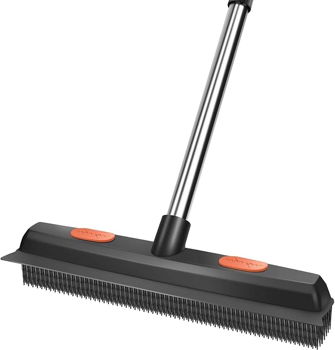 Pet Rubber Broom with 49inch Long Handle, Portable Detailing Lint Remover, Soft Push Broom for Fluff Carpet, Hardwood, Tile, Window (Black)