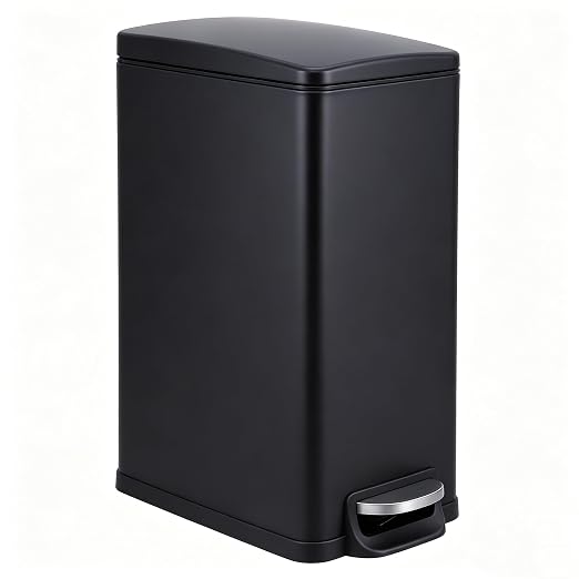 Slim Trash Can, 2.6 Gallon, Soft-Close Step Lid, Black | Stay-open function, removable inner bucket, liner ring, rear handle and fingerprint-resistant stainless finish