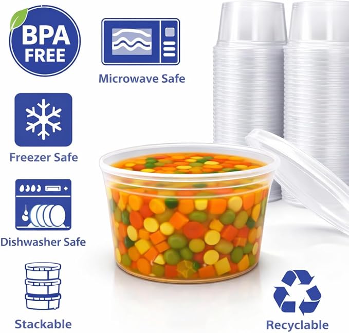 16 oz [24-Pack] Microwavable Plastic Deli Food Storage Containers with Lids | BPA Free, leak-resistant, stackable and freezer-safe design helps keep food fresh and secure